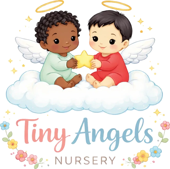 Tiny Angels Nursery: two baby angels sharing a star on a cloud